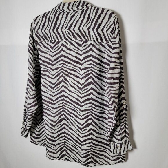 Tahari Linen Zebra Animal Print Beachy Long Sleeve Roll Tab Button Up Shirt L - Picture 7 of 10